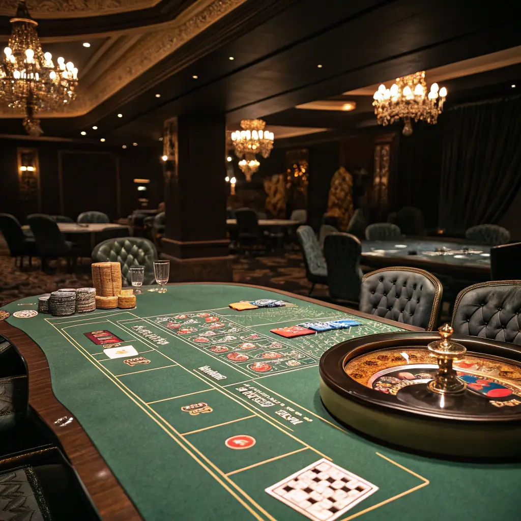 A close-up shot of a Blackjack table with chips and cards, highlighting the betting limits sign and a screen displaying RTP information.