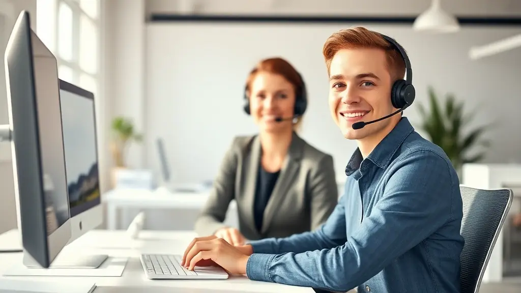 A professional customer support representative assisting a player on a computer, with a friendly and approachable demeanor, in a modern office setting